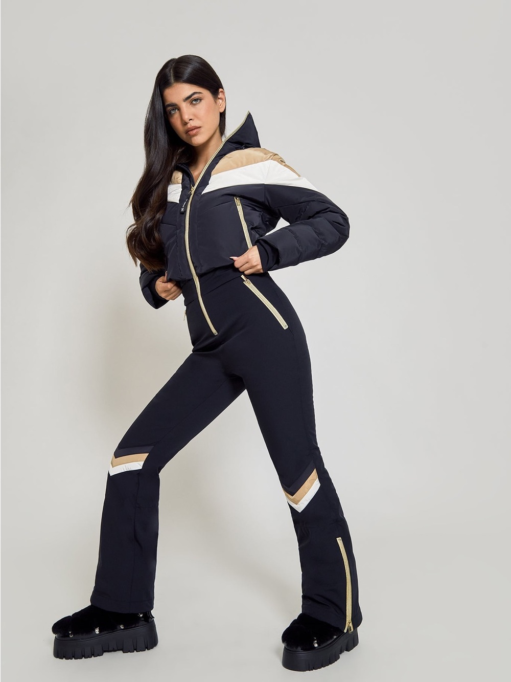 My Sunday Ski Chevron Black Tan White Puffer Jumpsuit Snow Ski Suit Size Small